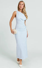 Alexandria Midi Dress - Tip Shoulder Draped Fitted Dress in Blue