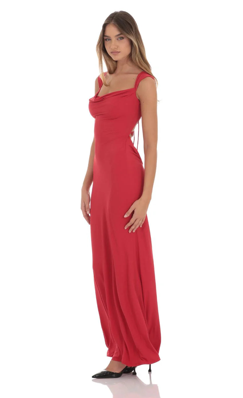 Strappy Cowl Neck Maxi Dress in Red
