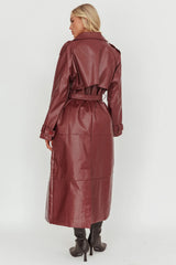 Longline Faux Leather Trench Coat Burgundy