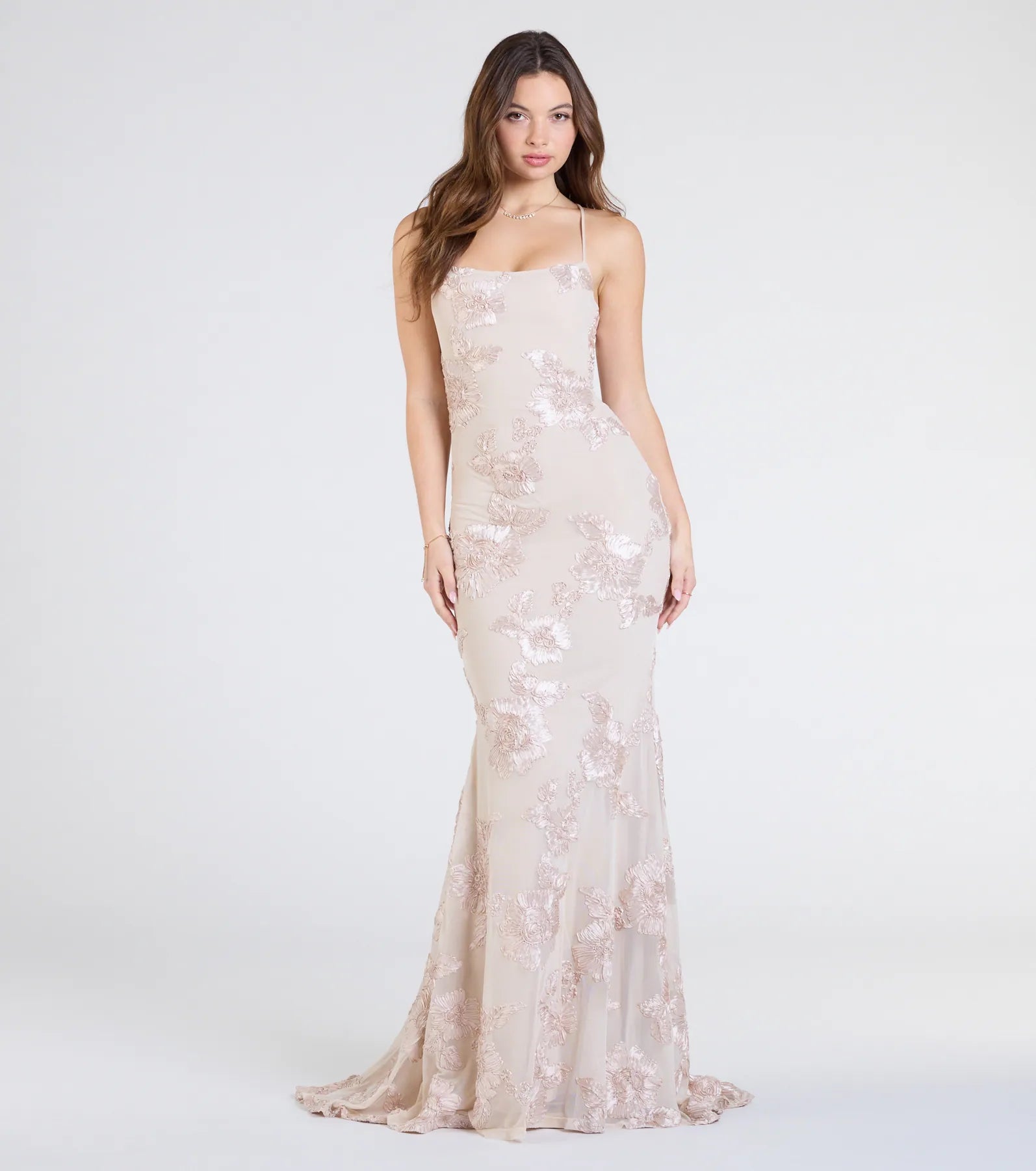 Gabi Lace-Up Floral Trim Mermaid Formal Dress