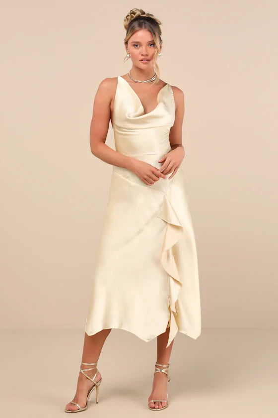 Evette Pale Yellow Satin Cowl Ruffled Handkerchief Midi Dress