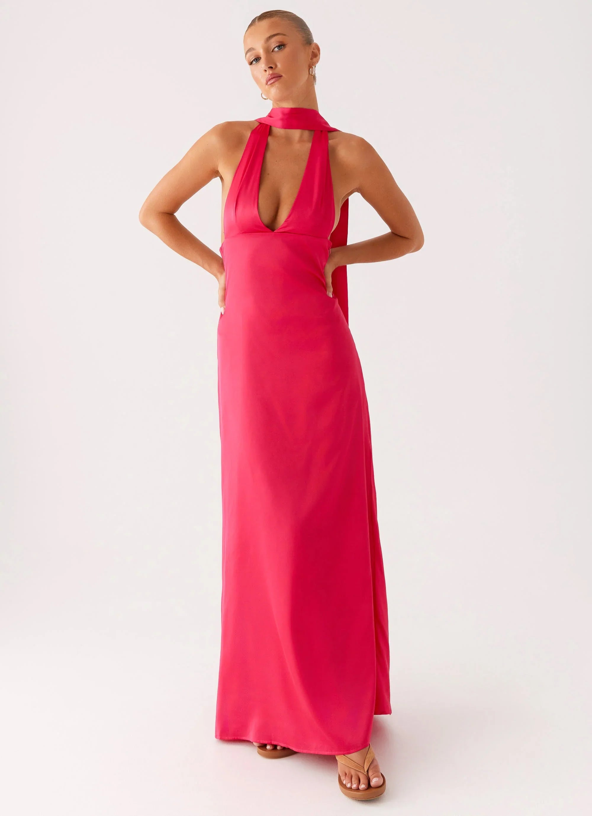 Alicia Satin Halter Maxi Dress - Fuchsia