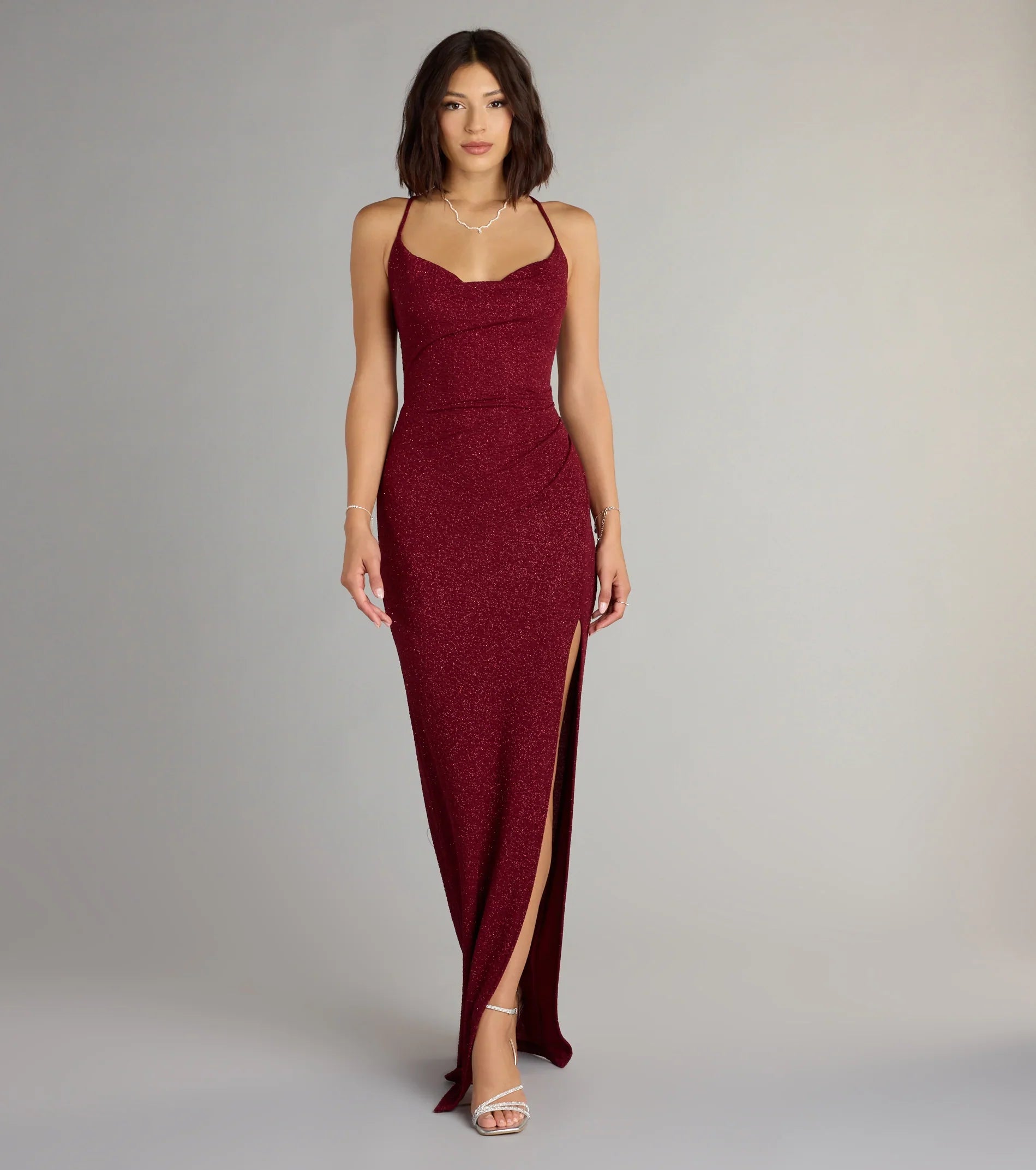 Amirah Formal Glitter Cowl Neck Column Dress