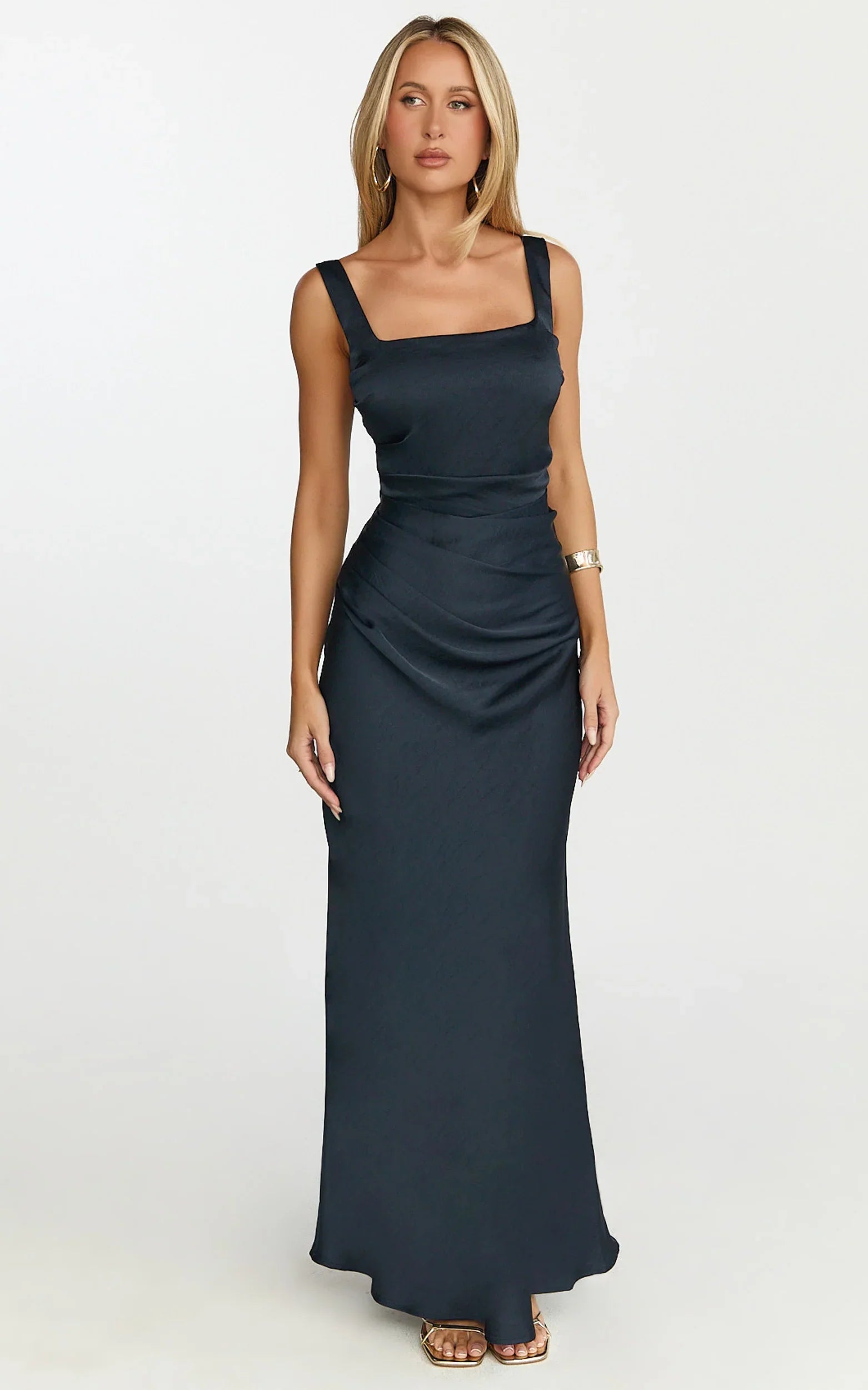 Rumi Midi Dress - Rushed Bodiest Satin Dress in Navy