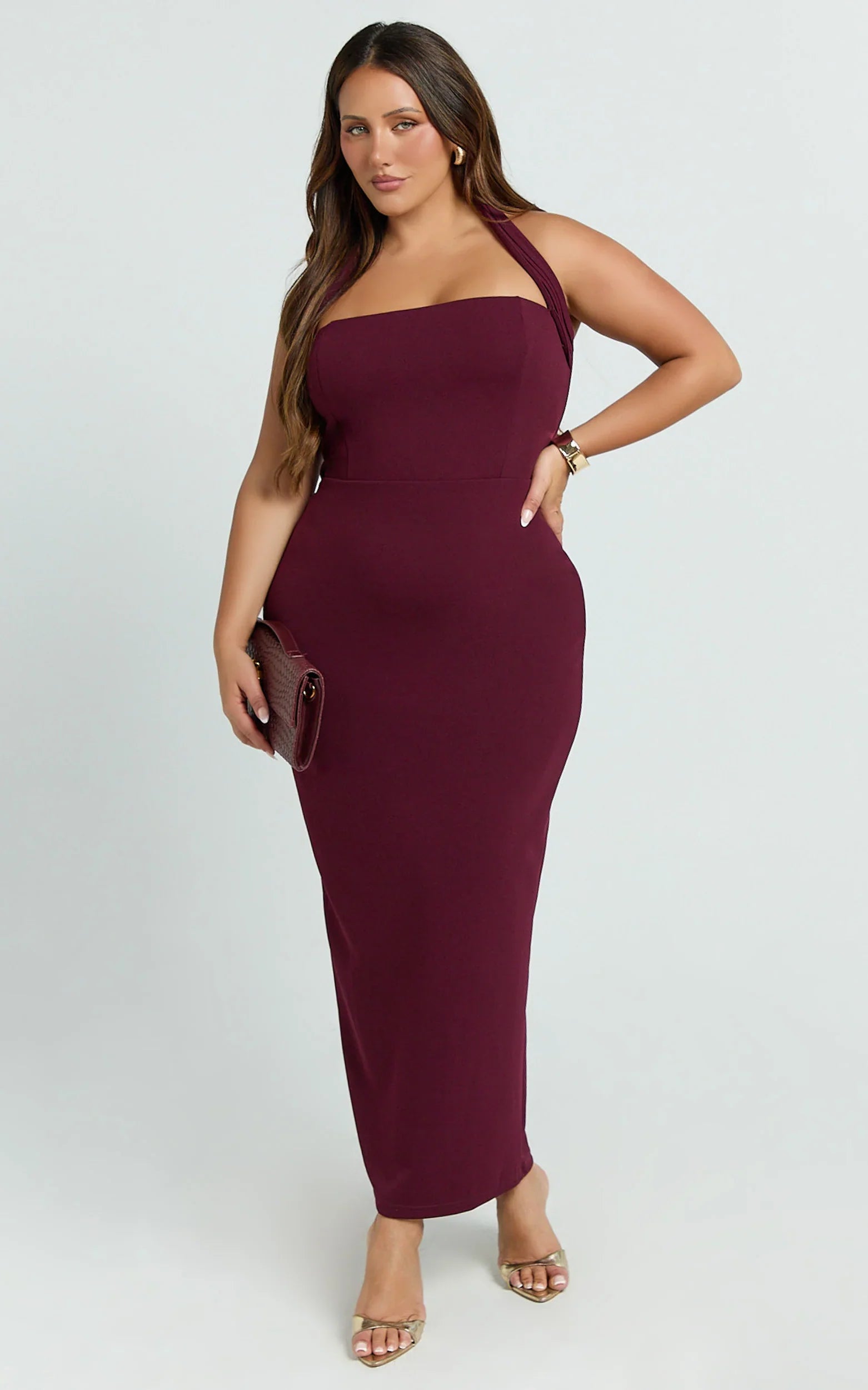 Salome Midi Dress - Halter Neck Column Dress in Wine