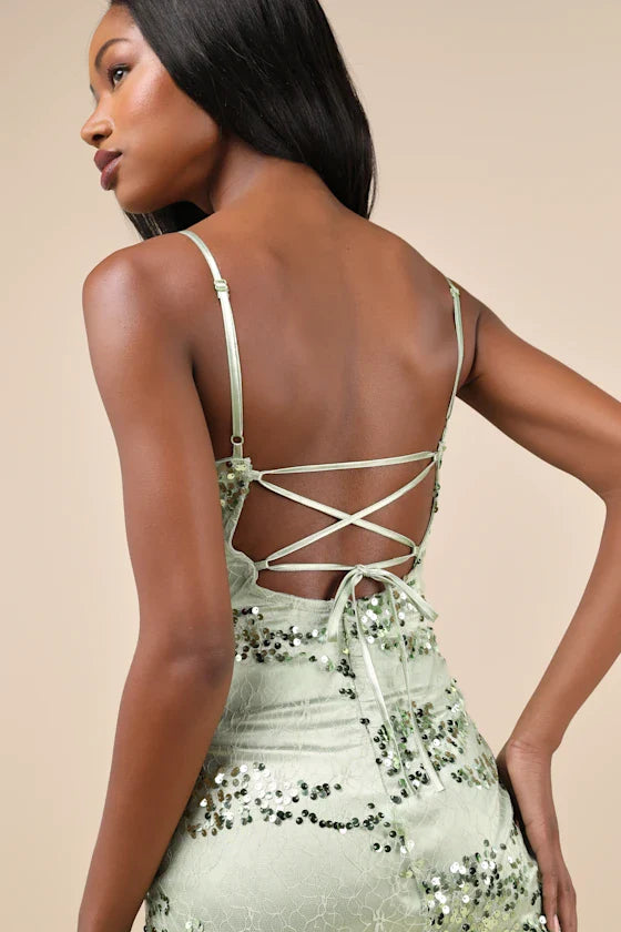 Riveting Shine Light Sage Green Lace Sequin Lace-Up Mini Dress
