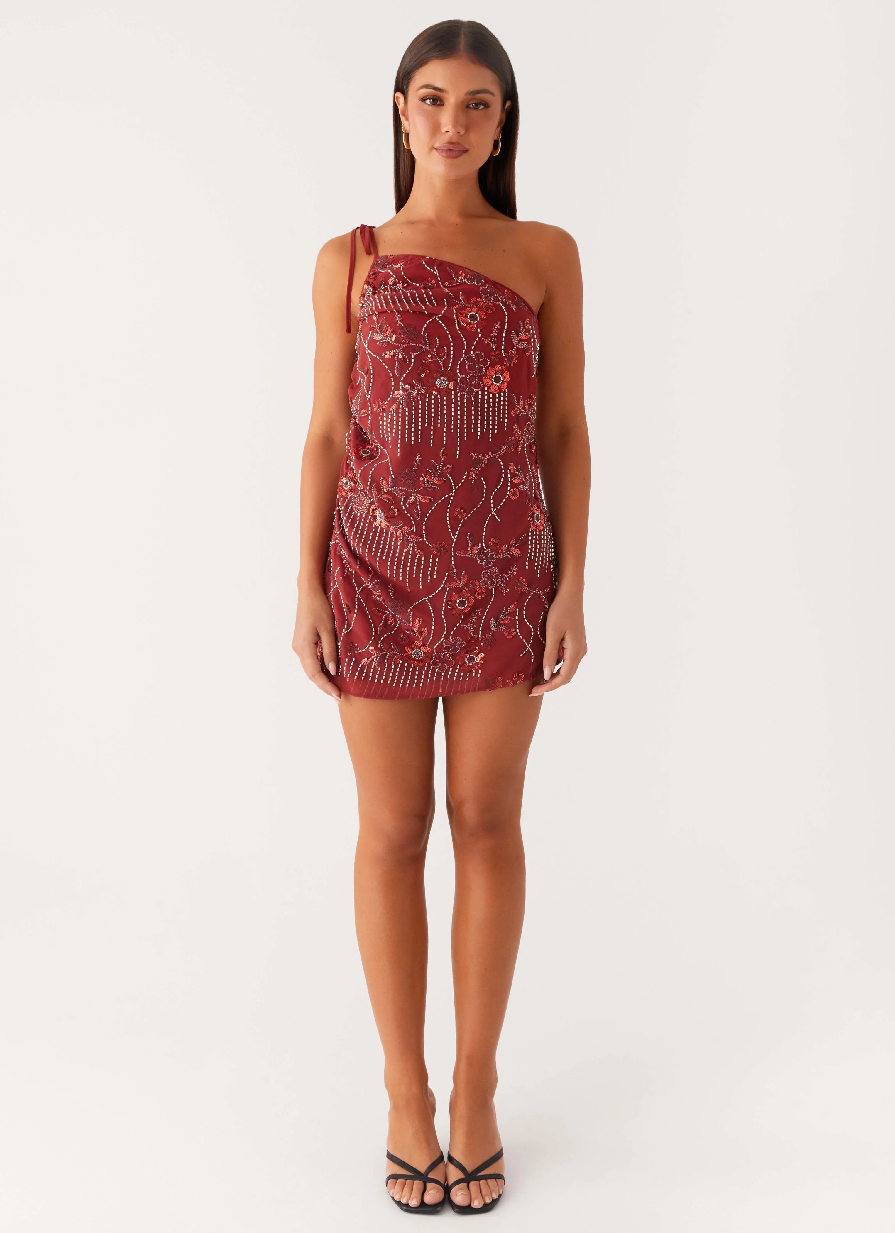 Temptational Beaded One Shoulder Mini Dress - Rust